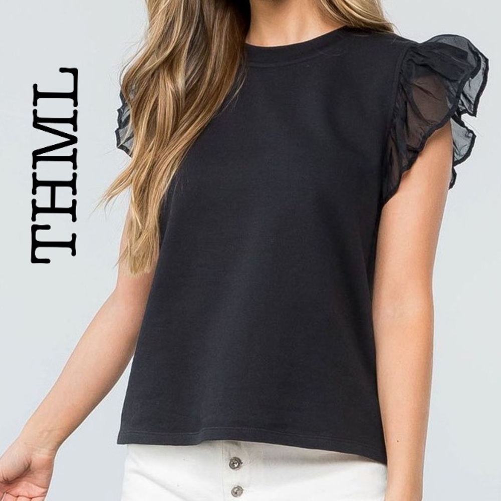 New THML Danica French Terry Black Ruffle Sleeve Top Size Medium